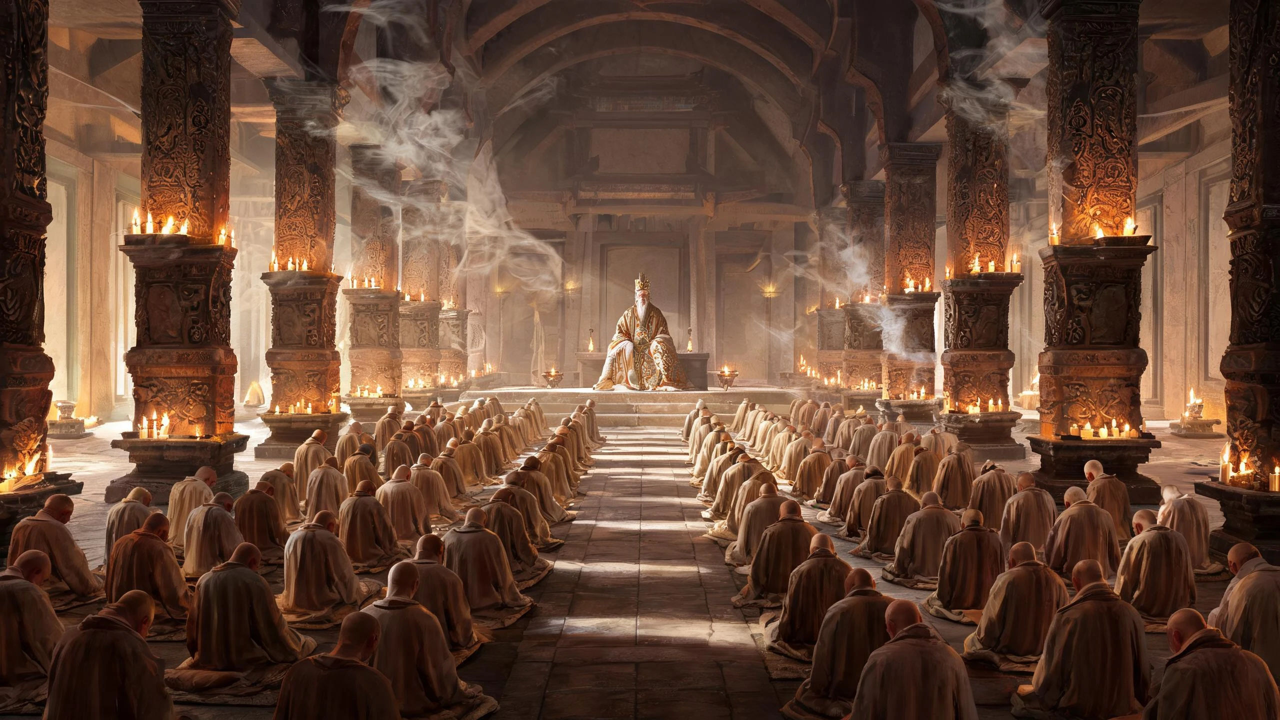 A candle-lit temple hall