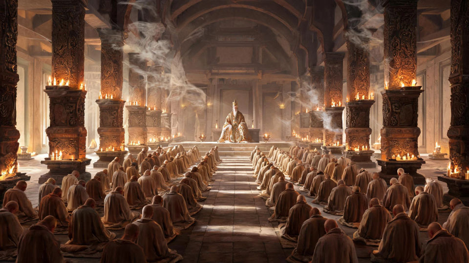 A candle-lit temple hall