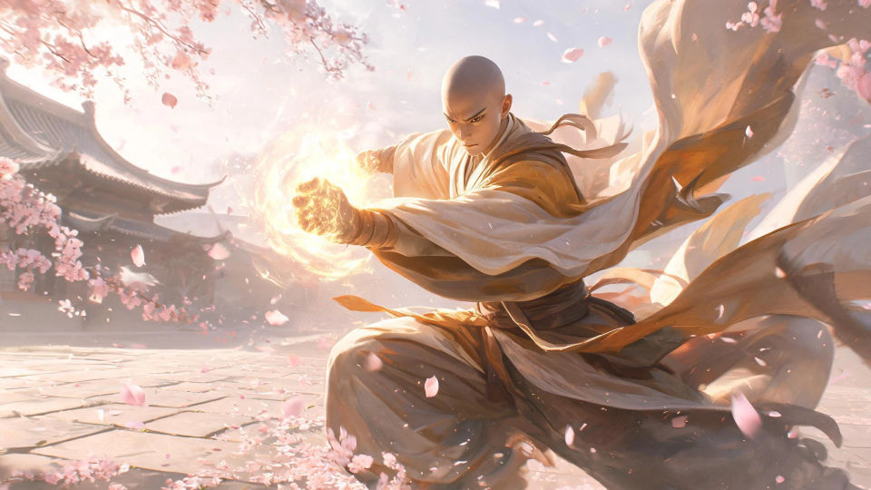 A monk mid-battle in a courtyard