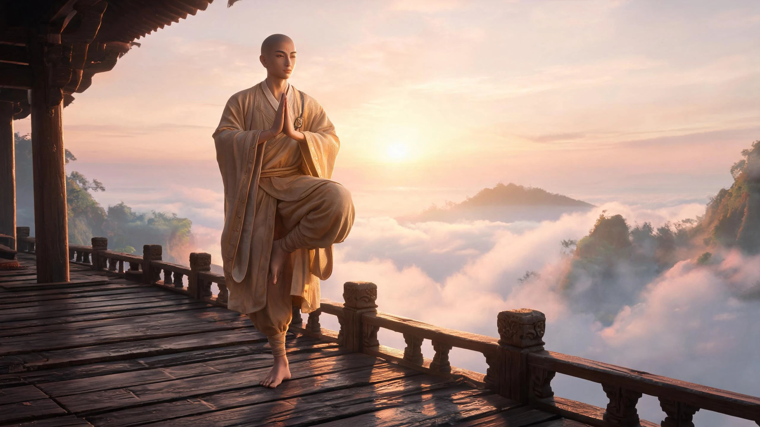 A monk training at dawn