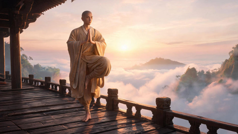 A monk training at dawn