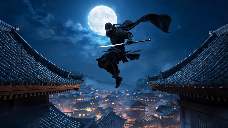 A leap across moonlit rooftops