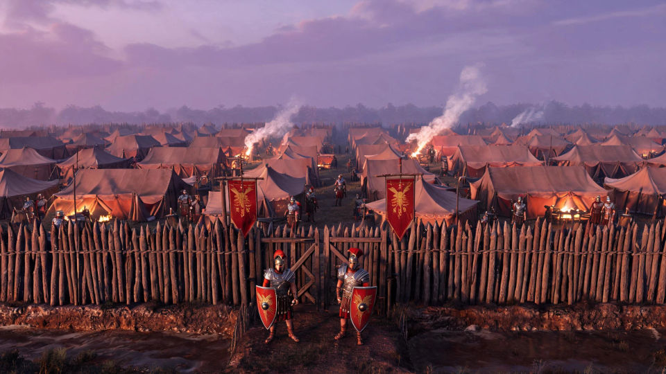 A fortified camp at dusk