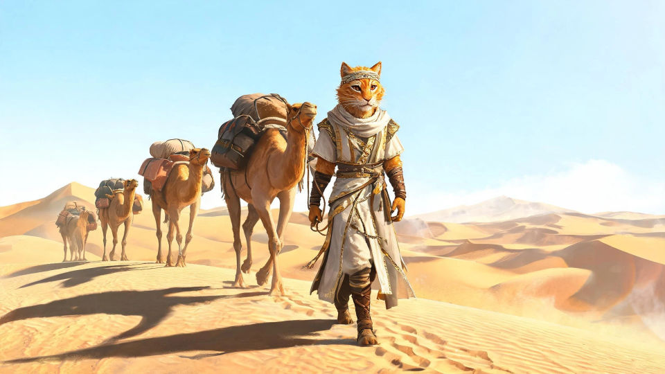 A caravan across sunlit dunes