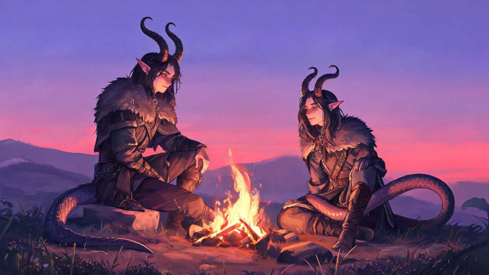A firelit crossroads camp