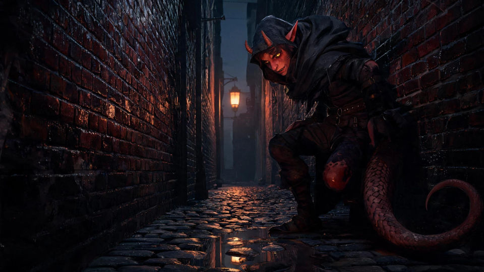 A rain-slick city alley