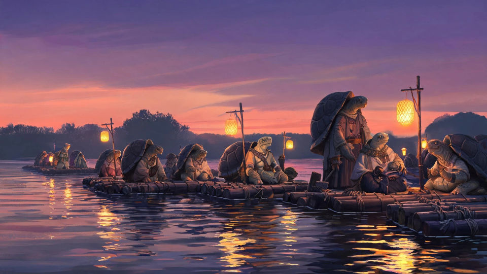 A river-raft village at dusk