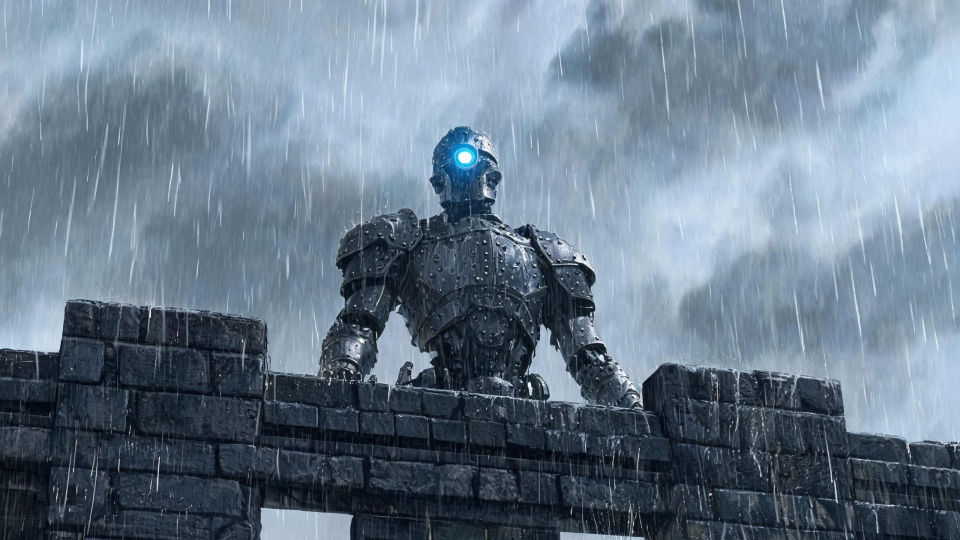 A sentinel on a rain-slick rampart