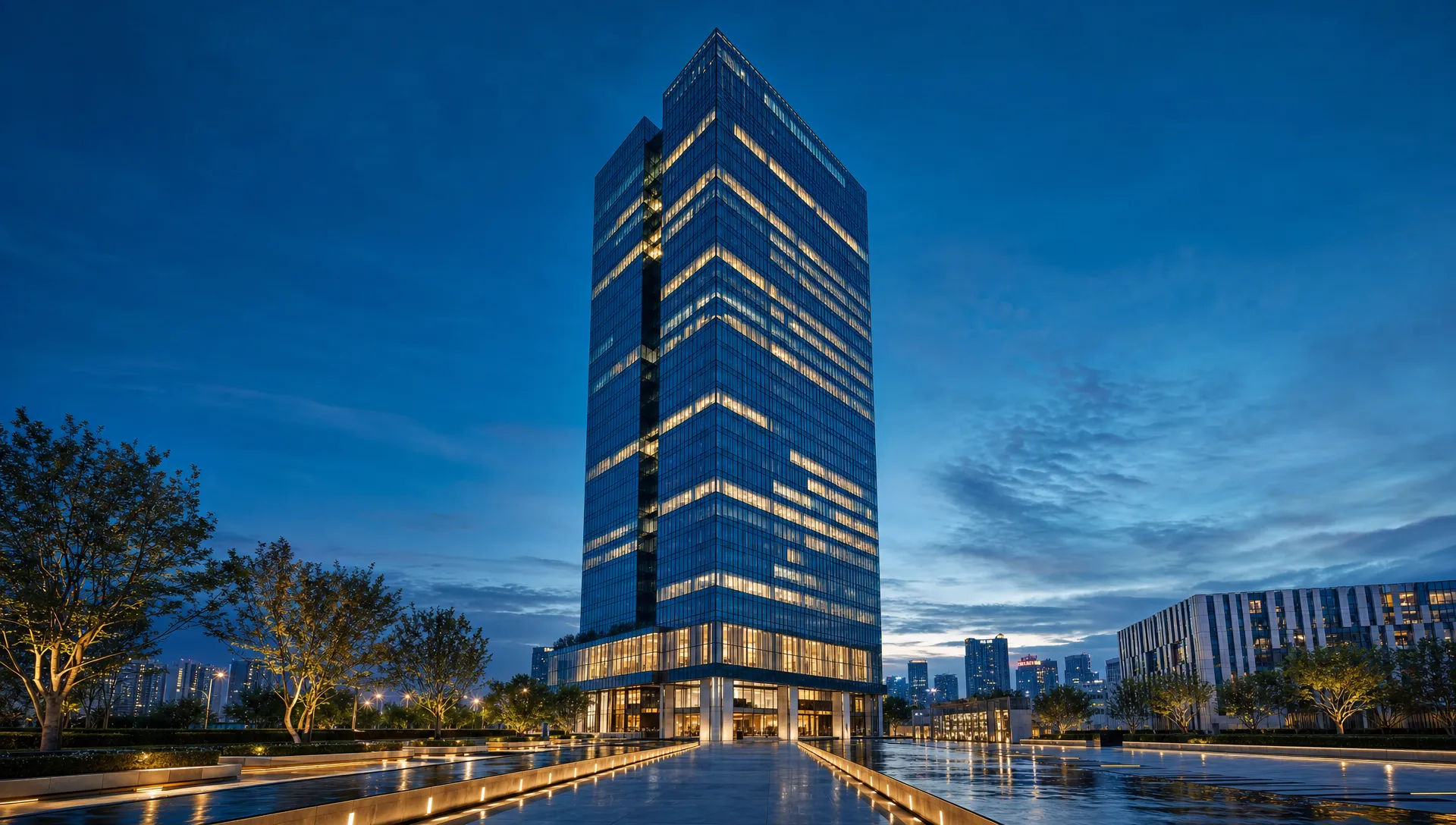 Blue-hour establishing shot