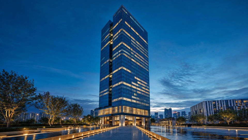 Blue-hour establishing shot