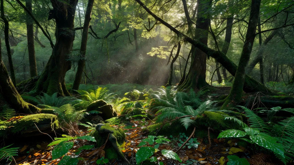Forest understory establishing shot