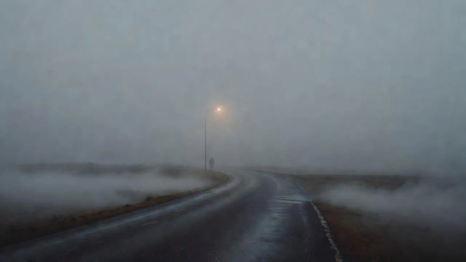 Foggy road establishing shot