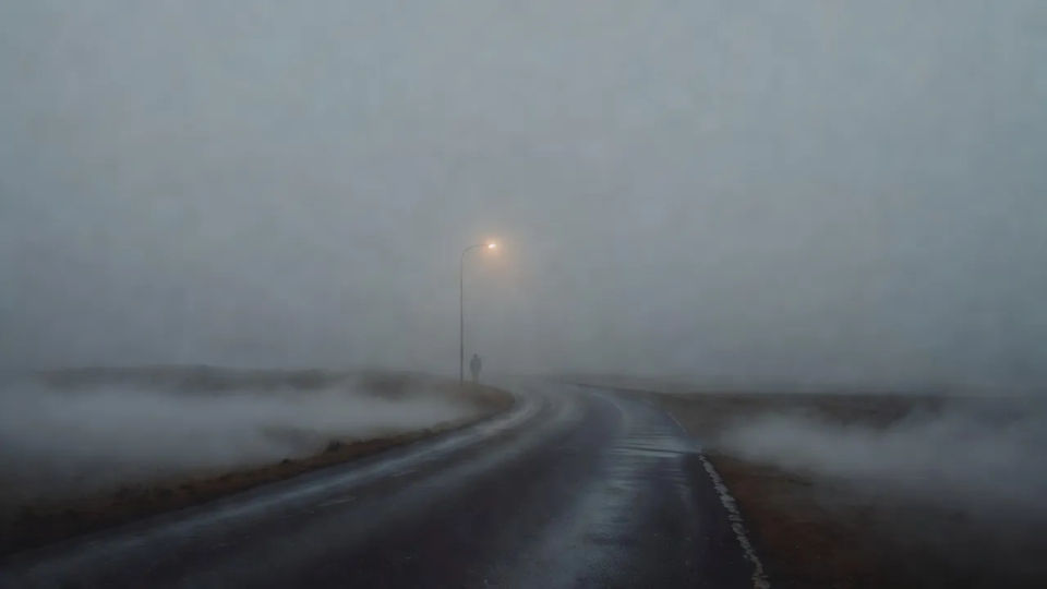 Foggy road establishing shot