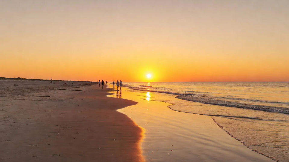 Golden coastline establishing shot