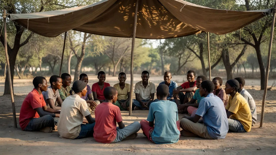 Gathering-under-shade establishing shot