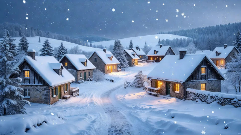 Snowy village establishing shot
