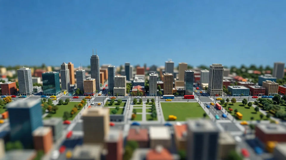 Wide toy-city establishing