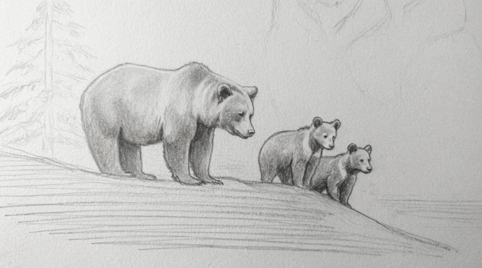 Mother and cubs on a ridge