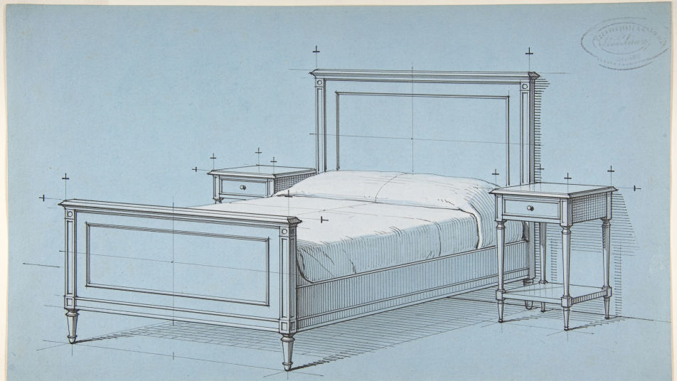 Elevation of a bed and two nightstands