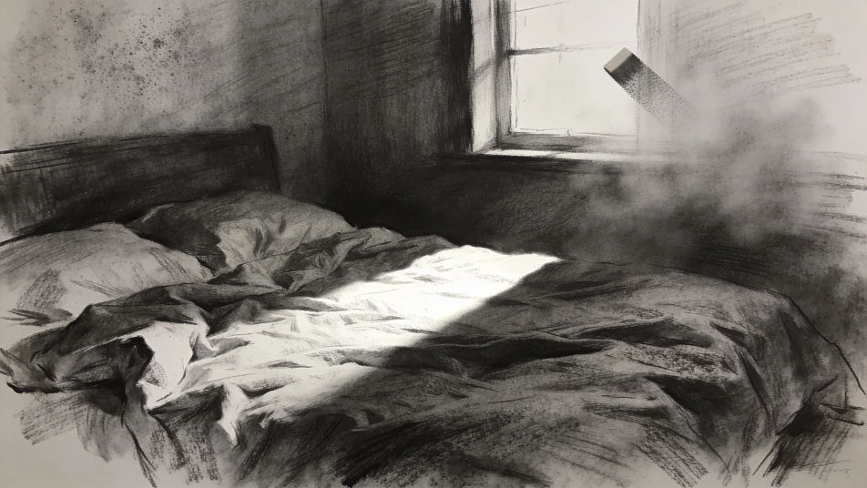 Unmade bed in hard morning light