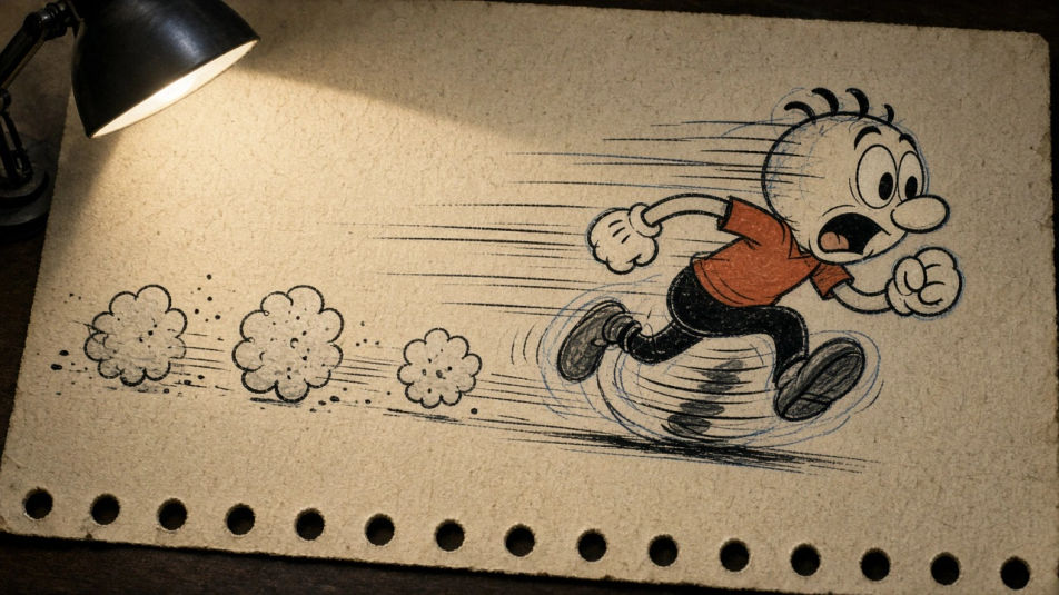 Cartoon character mid-run
