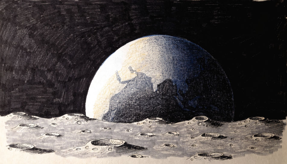 Earthrise over a grey horizon