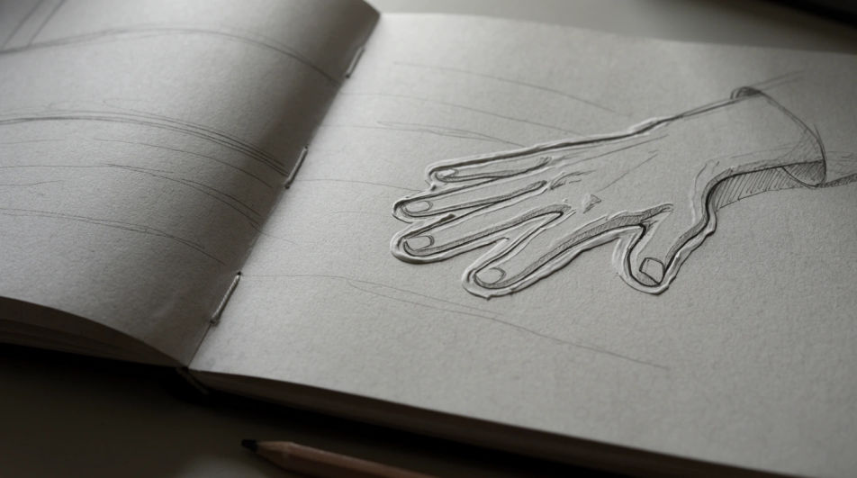 Hand resting on a sketchbook