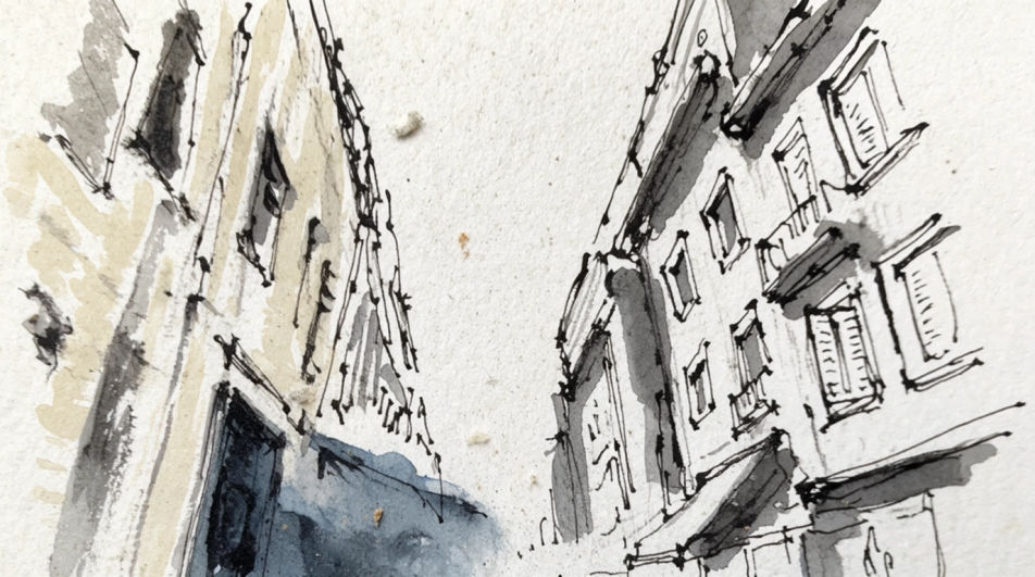 Street view in ink and wash