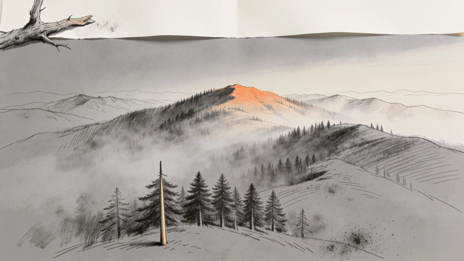 Pine ridge in fog