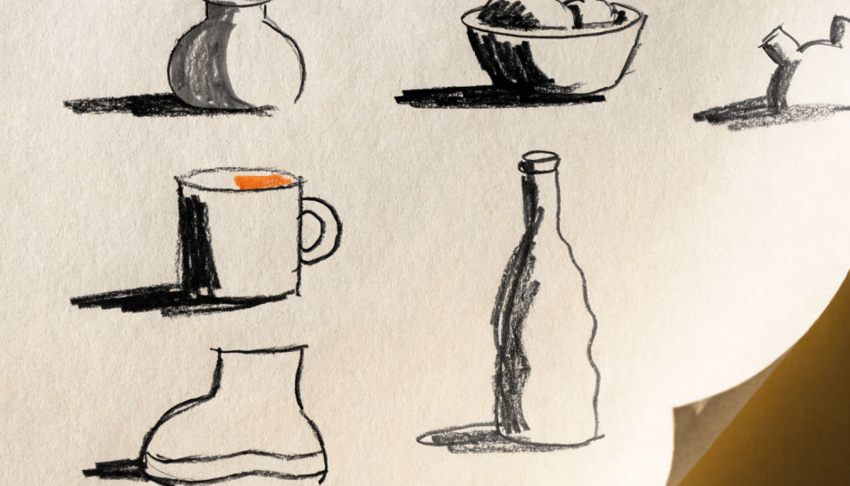 Six small objects in a grid