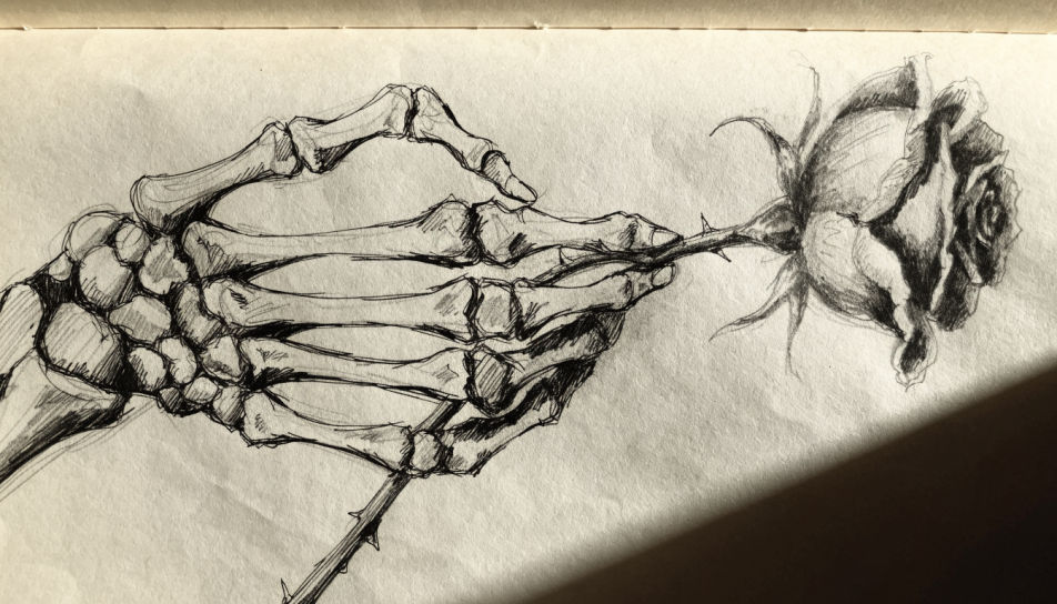 Skeleton hand holding a rose