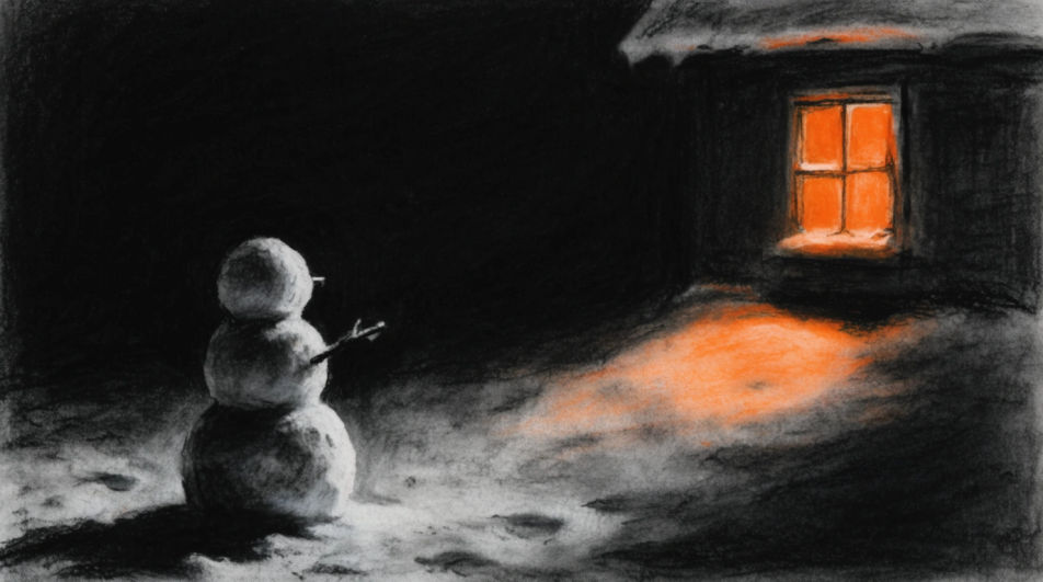 Snowman at a lit window