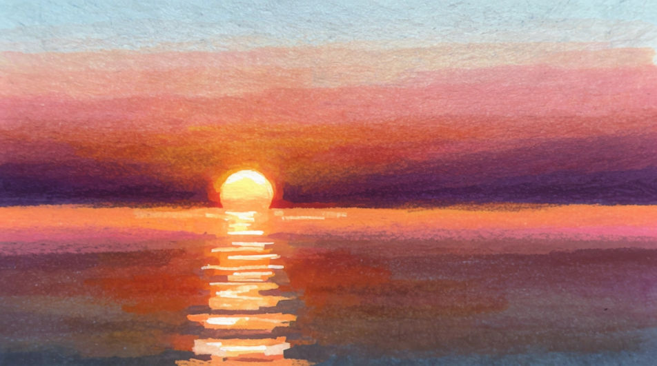 Sun half set over water