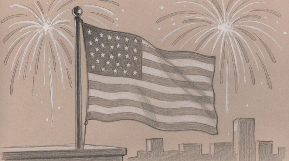Flag and fireworks over a rooftop