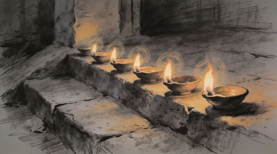 Lamps along a doorstep