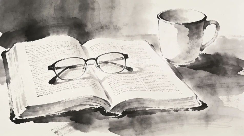 Bible with reading glasses and a cup