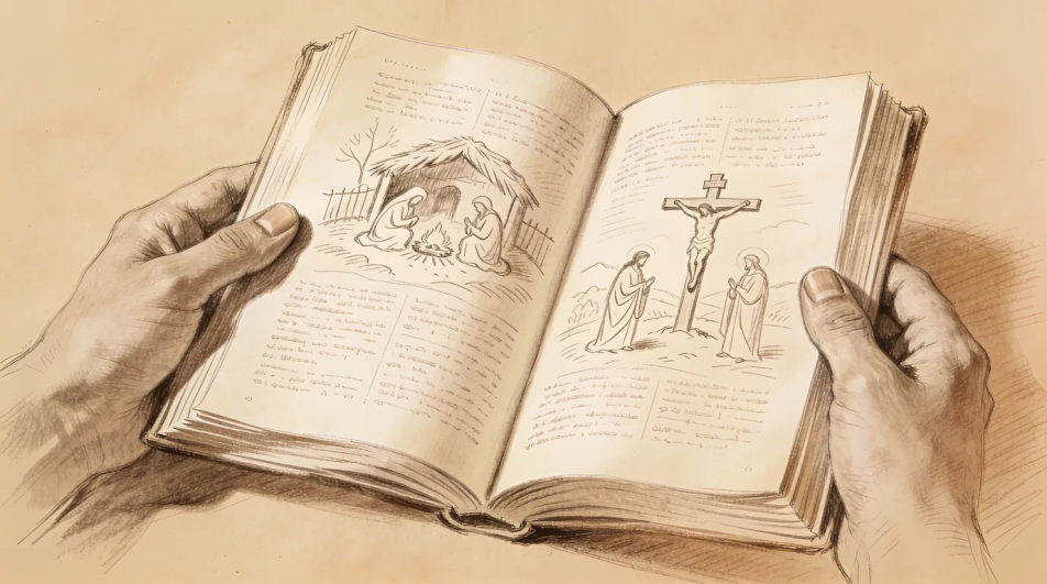 Book held open in two hands