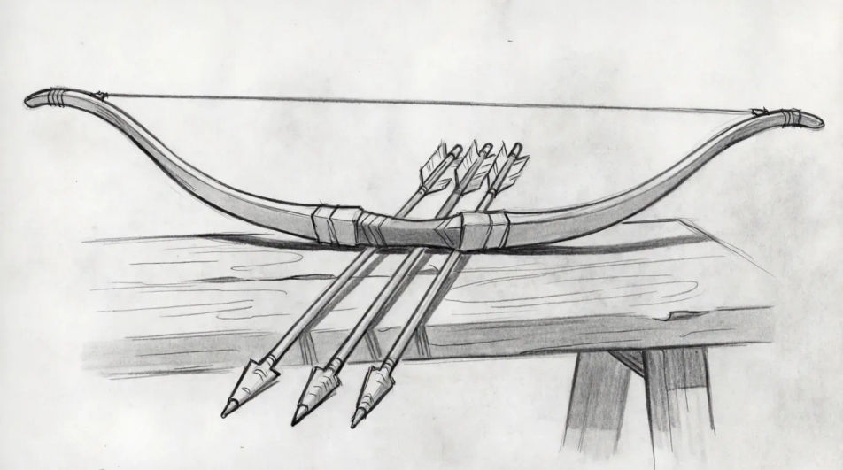 Bow and arrow on a workbench
