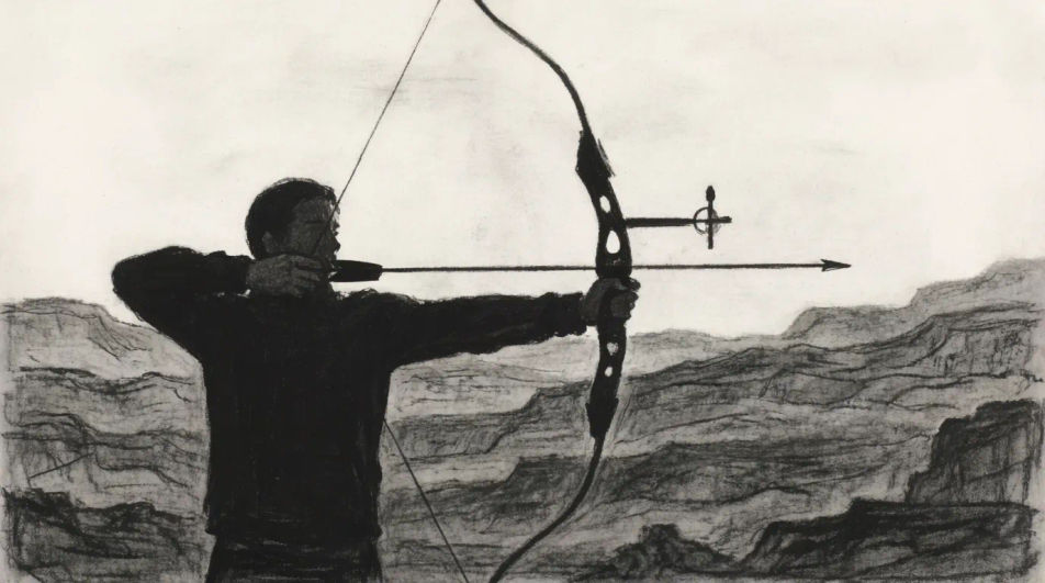 Archer at full draw against a dusk sky