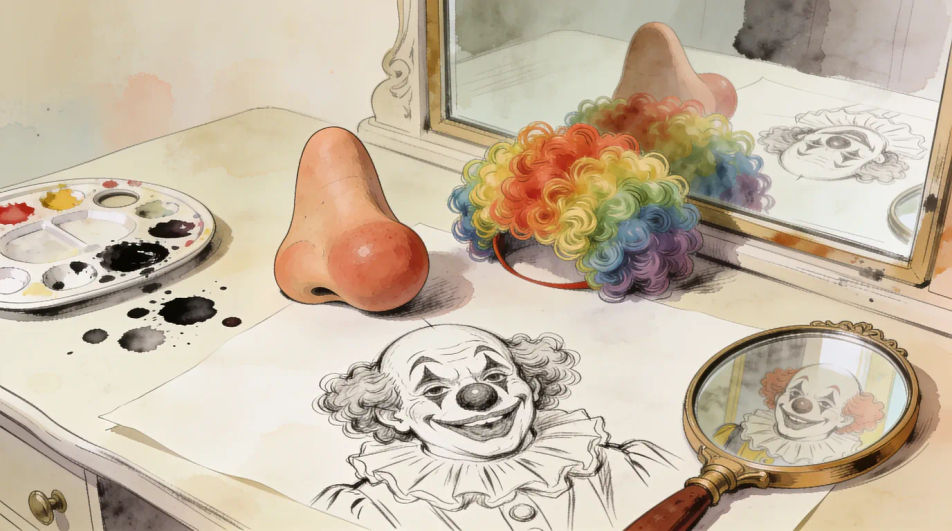 Clown props on a dressing table