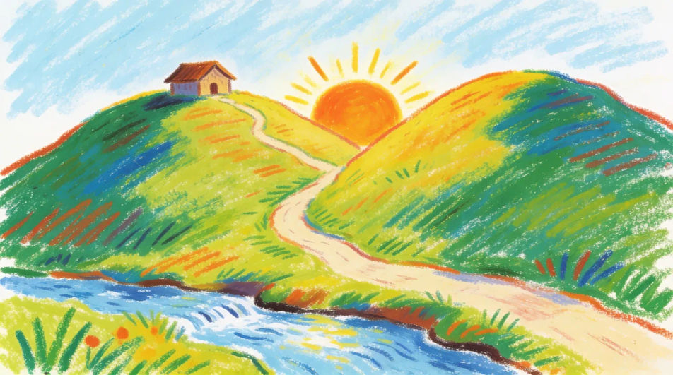 Village scenery with hills