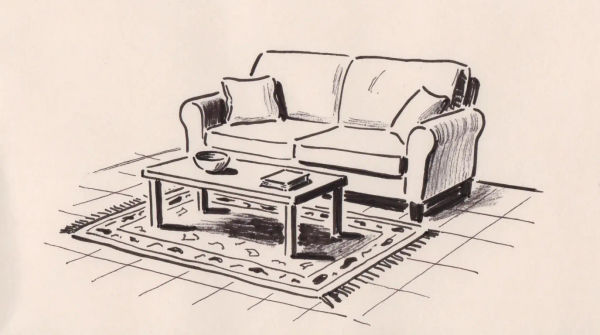 Couch drawings from flat elevation to full interior sketch
