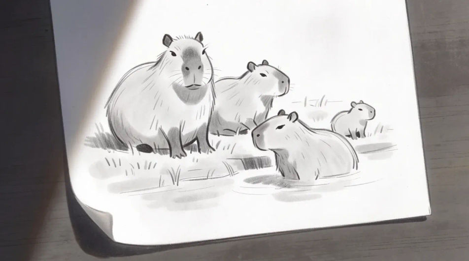 Capybara group on a riverbank