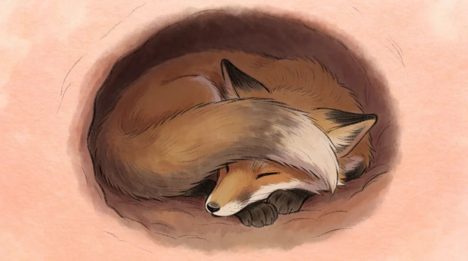 Fox curled in a burrow