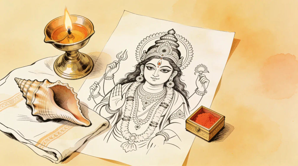 Lamp, conch and sindoor