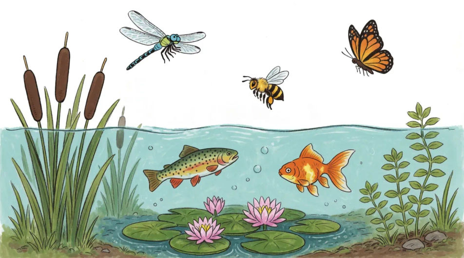 Pond ecosystem in cross section
