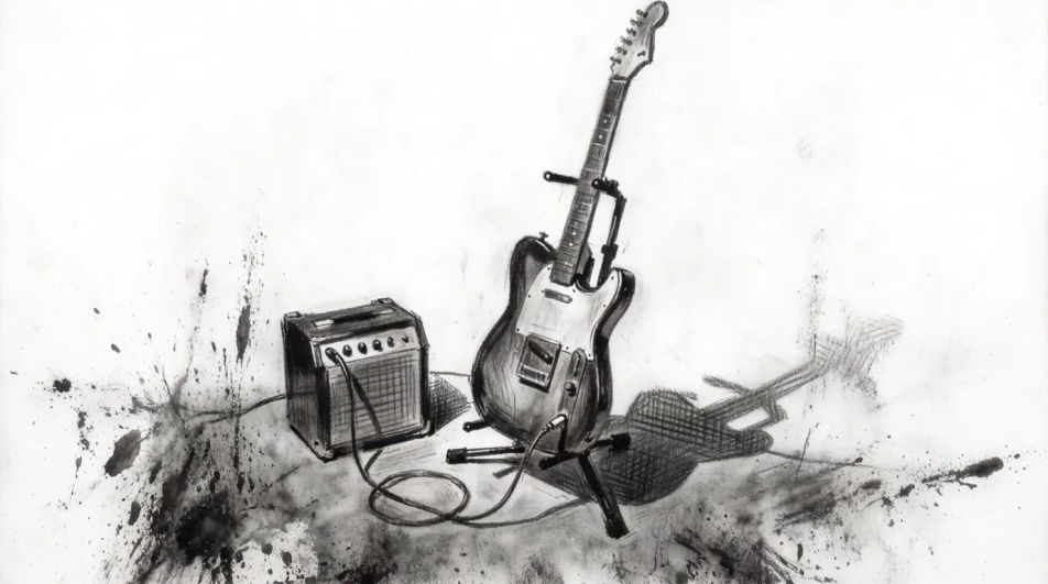 Guitar on a stand beside an amp