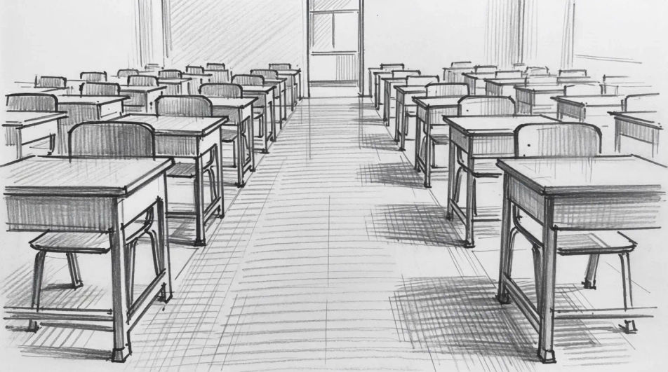 Exam hall in one-point perspective