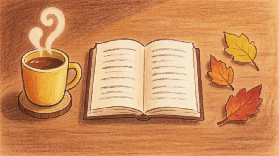 Table with a mug, a book and leaves