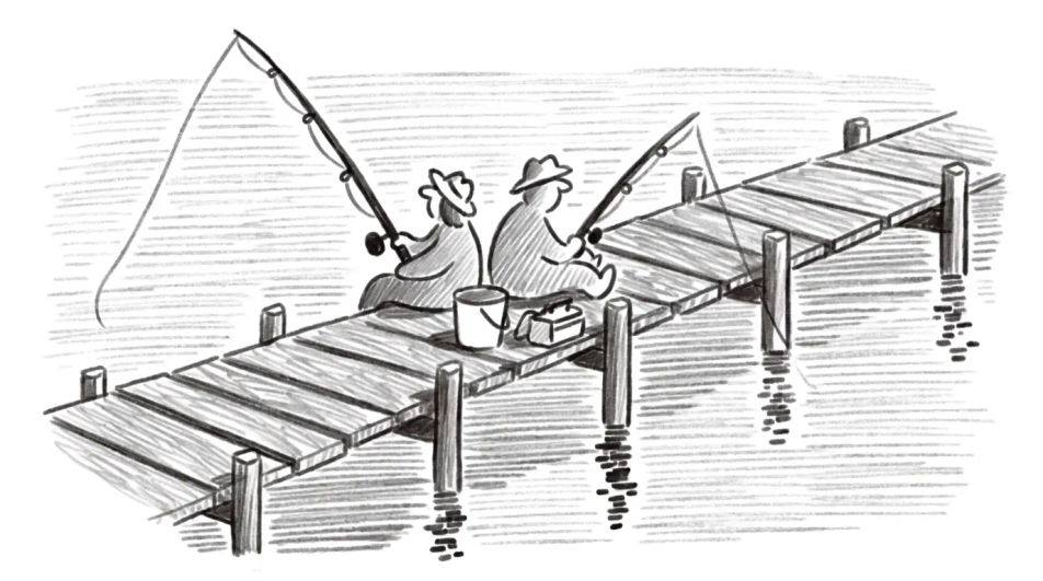 Fishing from a jetty at sunset